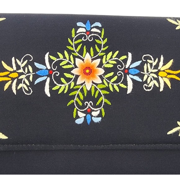Vintage Clutch Floral Hand Embroidered Black Silk 1950s Purse Evening Handbag - Picture 3 of 7